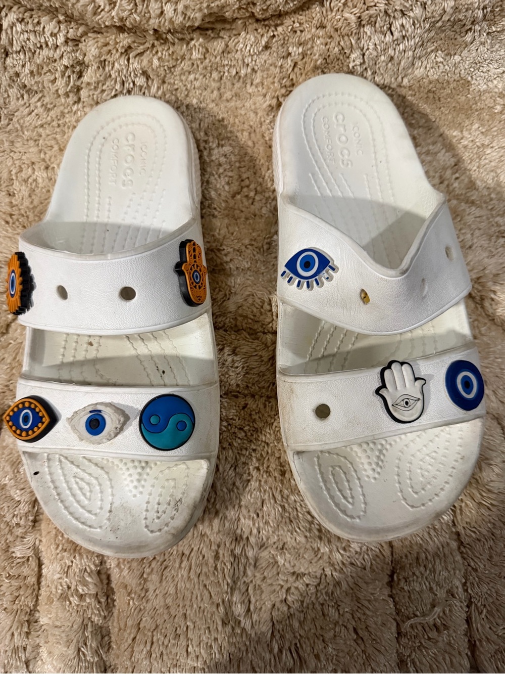 CROCS White Kids' Slide Sandals with Blue and Orange Jibbitz